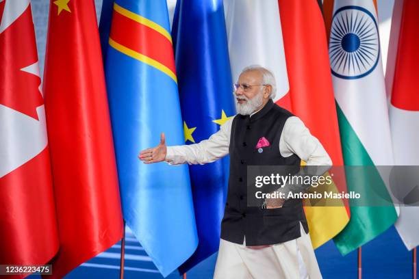 Indian Prime Minister Narendra Modi arrives for the welcome ceremony on the first day of the Rome G20 summit, on October 30, 2021 in Rome, Italy. The...