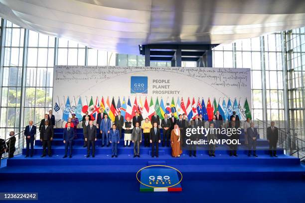 Italian Prime Minister Mario Draghi and other world leaders pose for the family photo on the first day of the Rome G20 summit, on October 30, 2021 in...