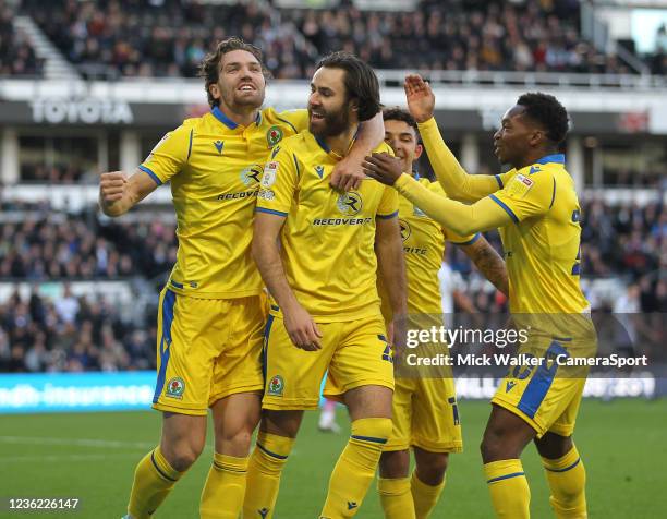 Blackburn Rovers' Ben Brereton Diaz celebrates scoring his side's first goal during the Sky Bet Championship match between Derby County and Blackburn...