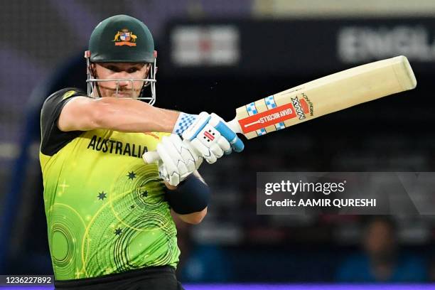 Australia's captain Aaron Finch plays a shot during the ICC mens Twenty20 World Cup cricket match between Australia and England at the Dubai...