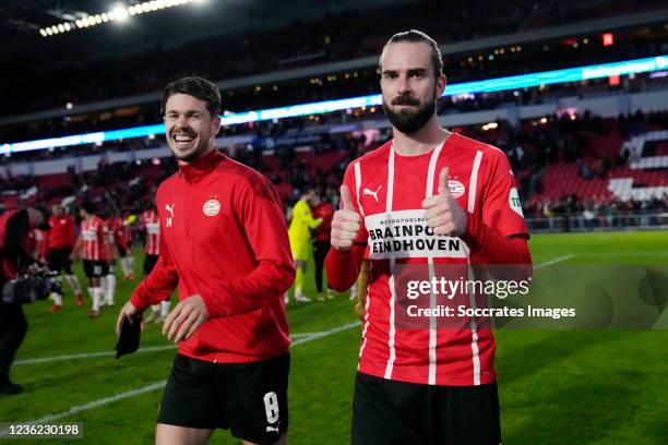 Marco van Ginkel of PSV, Davy Propper of PSV during the Dutch Eredivisie match between PSV v Fc Twente at the Philips Stadium on October 30, 2021 in...