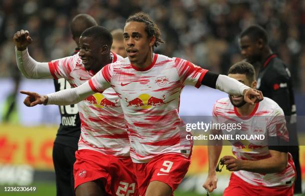 Leipzig's Danish forward Yussuf Poulsen celebrates after scoring the 0-1 goal during the German first division Bundesliga football match Eintracht...