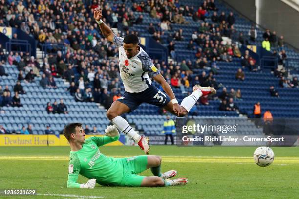 Preston North End's Scott Sinclair is stopped by Luton Town's Simon Sluga during the Sky Bet Championship match between Preston North End and Luton...