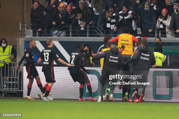 Tuta of Eintracht Frankfurt celebrates after scoring his team's first goal with teammates during the Bundesliga match between Eintracht Frankfurt and...