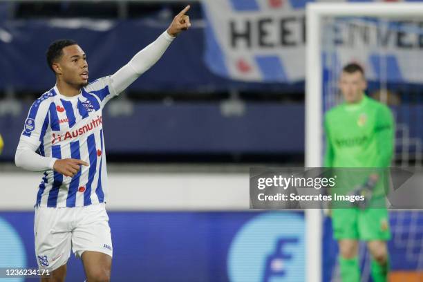 Milan van Ewijk of SC Heerenveen during the Dutch Eredivisie match between SC Heerenveen v Vitesse at the Abe Lenstra Stadium on October 30, 2021 in...