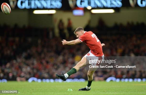 Wales Rhys Priestland kicks a penalty during the Autumn International match between Wales and New Zealand at Principality Stadium on October 30, 2021...