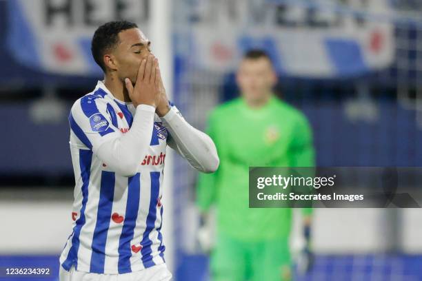 Milan van Ewijk of SC Heerenveen during the Dutch Eredivisie match between SC Heerenveen v Vitesse at the Abe Lenstra Stadium on October 30, 2021 in...