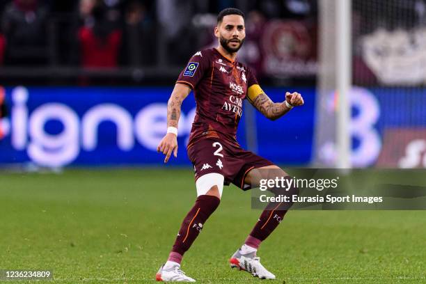 Dylan Bronn of FC Metz looks to bring the ball down during the Ligue 1 Uber Eats match between Metz and Saint-Etienne at Stade Saint-Symphorien on...