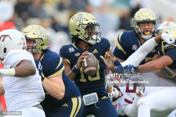 Jeff Sims attempts to pass during the Saturday afternoon college football game between the Georgia Tech Yellow Jackets and the Virginia Tech Hokies...