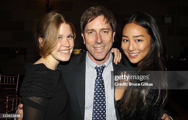 Lisa Joyce, Playwright David Hirson and Greta Lee pose at The Opening Night After Party for "La Bete" on Broadway at Gotham Hall on October 14, 2010...