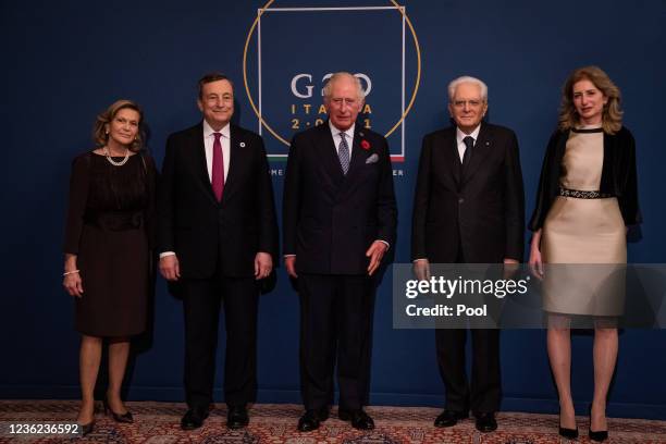 Prince Charles, Prince of Wales is greeted by Italian President Sergio Mattarella and his daughter, Laura Mattarella and Italian Prime Minister Mario...