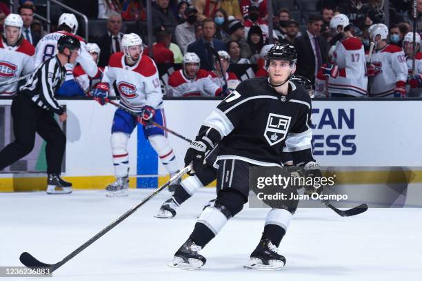 Lias Andersson of the Los Angeles Kings skates on the ice during the first period against the Montreal Canadiens at STAPLES Center on October 30,...