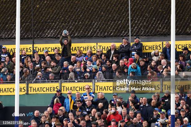 Fan returns the ball during the Gallagher Premiership Rugby match between Bath Rugby and Wasps at The Recreation Ground on October 30, 2021 in Bath,...
