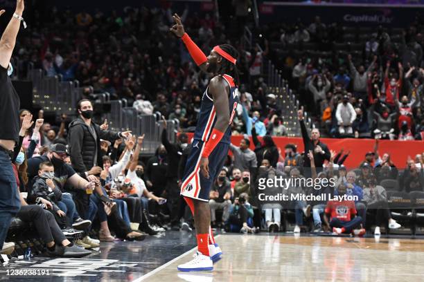 Montrezl Harrell of the Washington Wizards celebrates a three point to end the second quarter during a NBA basketball game against the Boston Celtics...