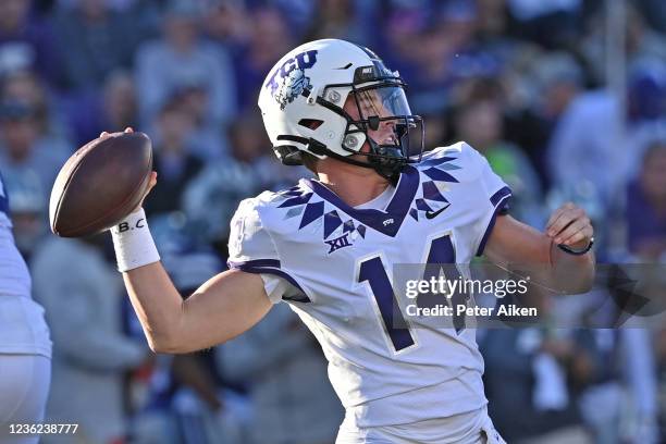 Quarterback Chandler Morris of the TCU Horned Frogs throws a pass down field against the Kansas State Wildcats during the second half at Bill Snyder...