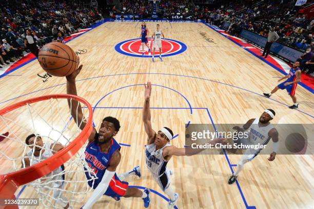 Josh Jackson of the Detroit Pistons shoots against the Orlando Magic on October 30, 2021 at Little Caesars Arena in Detroit, Michigan. NOTE TO USER:...