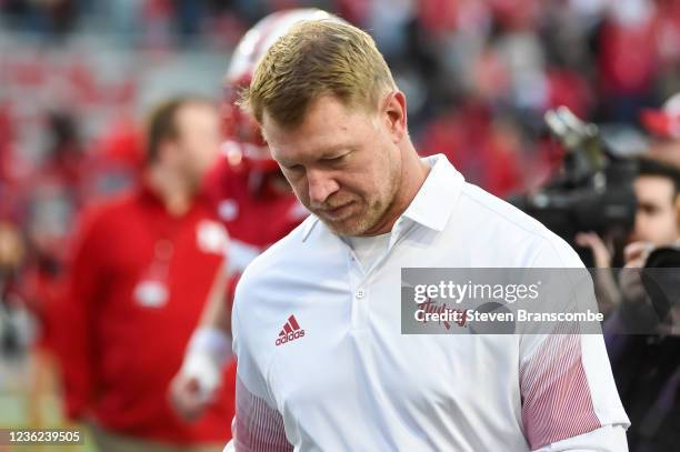 Head coach Scott Frost of the Nebraska Cornhuskers walks off the field after the loss against the Purdue Boilermakers at Memorial Stadium on October...