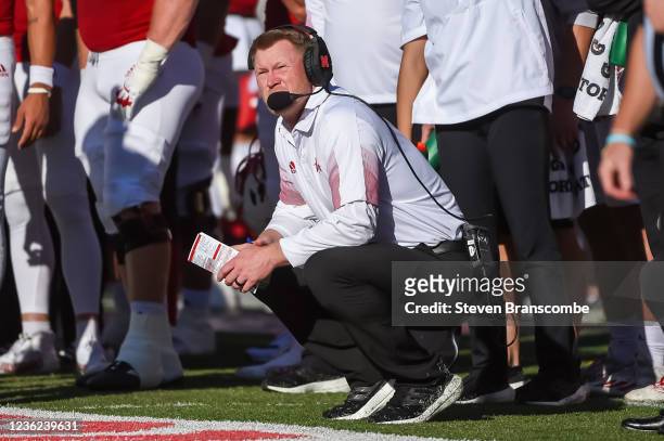 Head coach Scott Frost of the Nebraska Cornhuskers watches action against the Purdue Boilermakers in the first half at Memorial Stadium on October...