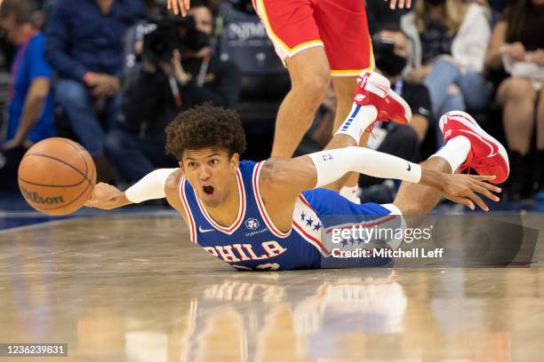 Matisse Thybulle of the Philadelphia 76ers reacts after getting fouled against the Atlanta Hawks in the first half at the Wells Fargo Center on...