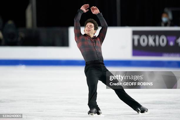 Keegan Messing of Canada skates his free program in the mens competition at Skate Canada International in Vancouver, British Columbia on October 30,...