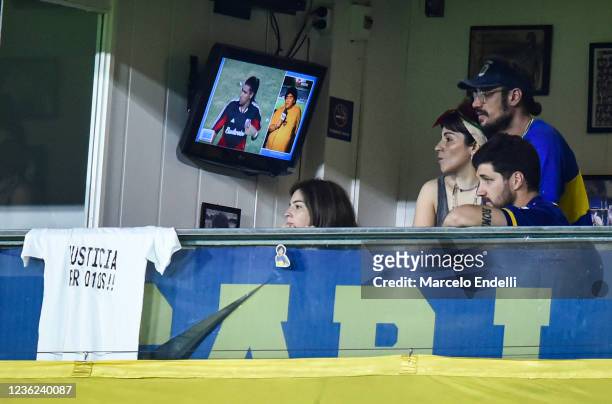 Dalma and Giannina Maradona, daughters of Diego Maradona, attend a match on the 61st anniversary of the football legend's birth between Boca Juniors...