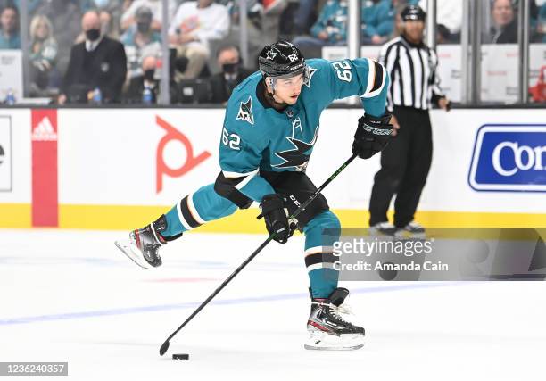 Kevin Labanc of the San Jose Sharks takes a shot on goal against the Winnipeg Jets in a regular season game at SAP Center on October 30, 2021 in San...