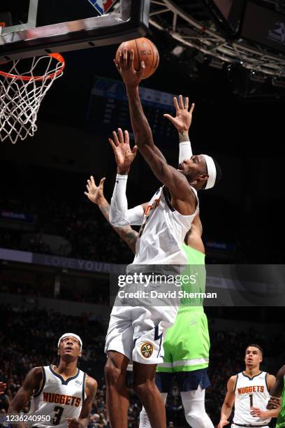 Will Barton of the Denver Nuggets drives to the basket against the Minnesota Timberwolves on OCTOBER 30, 2021 at Target Center in Minneapolis,...