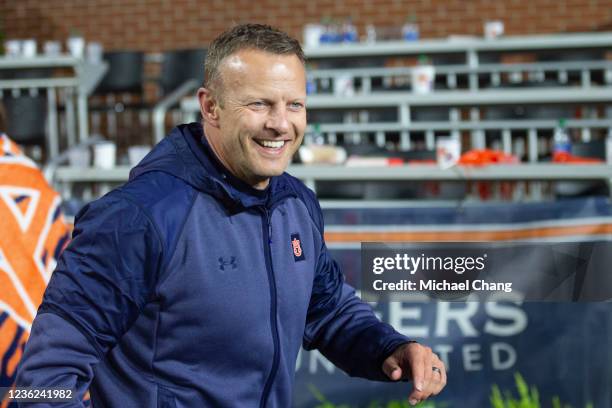 Head coach Bryan Harsin of the Auburn Tigers celebrates after defeating the Mississippi Rebels at Jordan-Hare Stadium on October 30, 2021 in Auburn,...