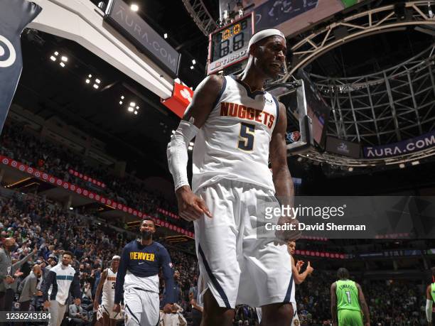 Will Barton of the Denver Nuggets shows emotion during the game against the Minnesota Timberwolves on October 30, 2021 at Target Center in...