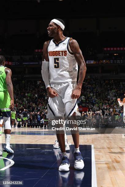 Will Barton of the Denver Nuggets shows emotion during the game against the Minnesota Timberwolves on October 30, 2021 at Target Center in...