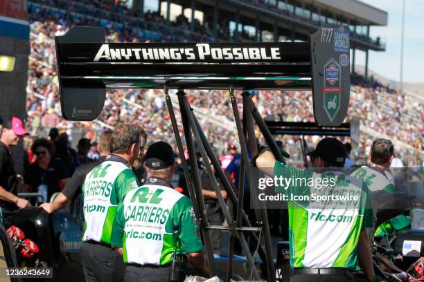 The wing of the car of Josh Hart NHRA Top Fuel Dragster displays the phrase, Anythings Possible during the Dodge//SRT NHRA Nationals presented by...