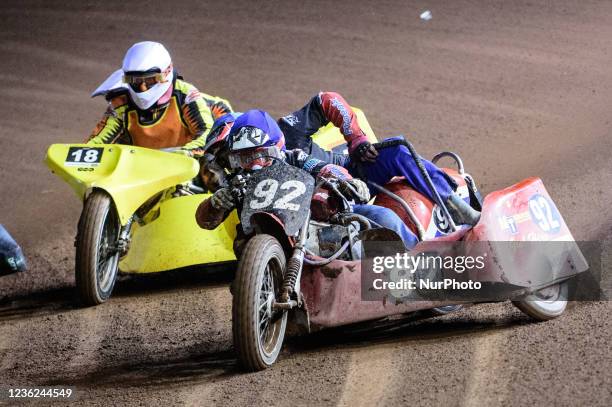 Paul Whitelam & Richard Webb leads Mick Stace & Ryan Knowles during the Manchester Masters Sidecar Speedway and Flat Track Racing at the...