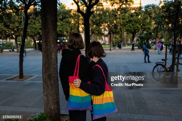 Two girls hug each other in Bari in Piazza Umberto I during the protest against the abolition of the DDL ZAN on October 30, 2021. The protest after...