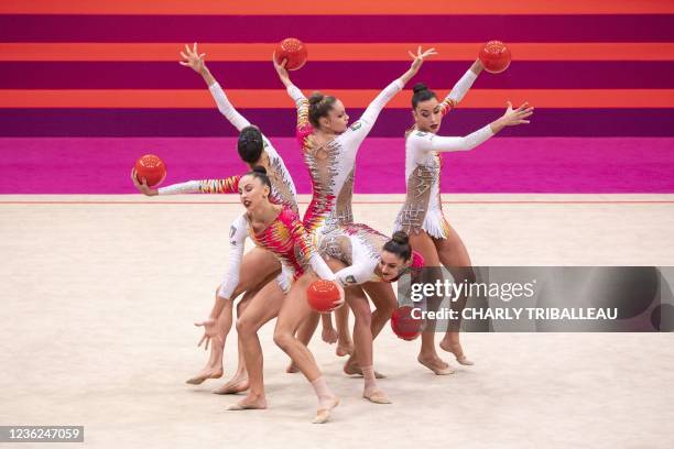 Team Italy competes in the group five balls final during the Rhythmic Gymnastics World Championships at the West Japan General Exhibition Centre in...