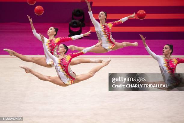 Team Italy compete in the group five balls final during the Rhythmic Gymnastics World Championships at the West Japan General Exhibition Centre in...