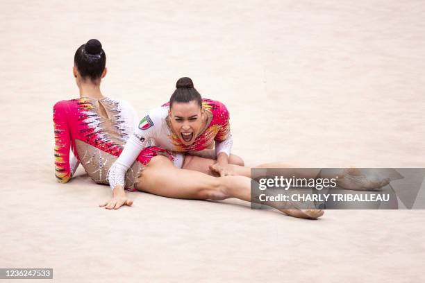 Team Italy's Alessia Maurelli reacts after competing in the group five balls final during the Rhythmic Gymnastics World Championships at the West...