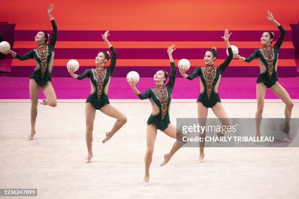 Team China compete in the group five balls final during the Rhythmic Gymnastics World Championships at the West Japan General Exhibition Centre in...