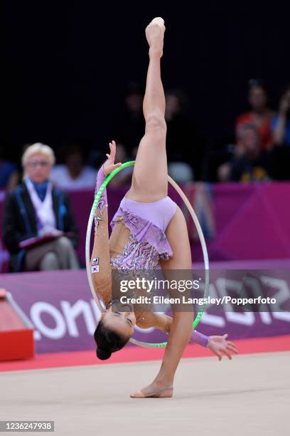 Son Yeon-jae representing South Korea competing with hoop during the women's rhythmic individual all-around qualification on day 13 of the 2012...