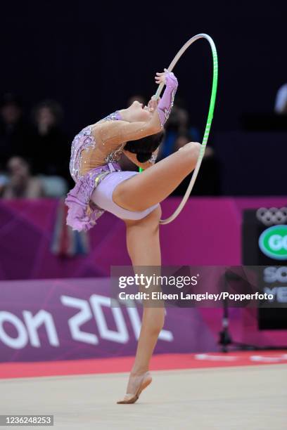 Son Yeon-jae representing South Korea competing with hoop during the women's rhythmic individual all-around qualification on day 13 of the 2012...