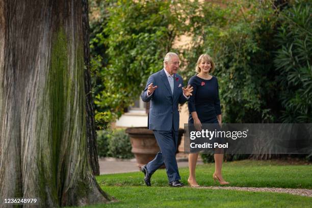 Prince Charles, Prince of Wales with Jill Morris the British Ambassador to Italy before viewing The SMI Fashion Coalitions Digital ID, a virtual...