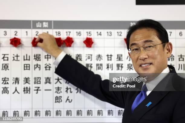 Japan's Prime Minister and ruling Liberal Democratic Party leader Fumio Kishida puts rosettes by successful general election candidates' names on a...