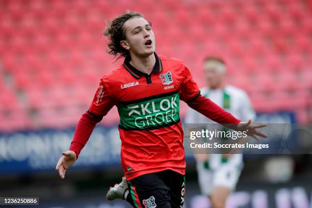 Ali Akman of NEC Nijmegen celebrates 1-0 during the Dutch Eredivisie match between NEC Nijmegen v FC Groningen at the Goffert Stadium on October 31,...