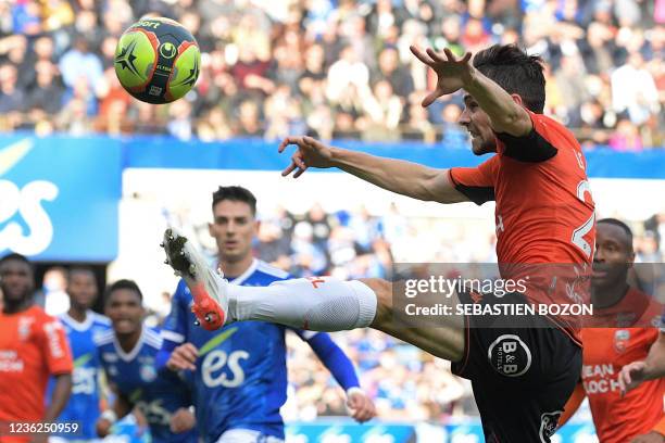 Lorients French defender Vincent Le Goff controls the ball during the French L1 football match between Strasbourg and Lorient at the Meinau stadium,...