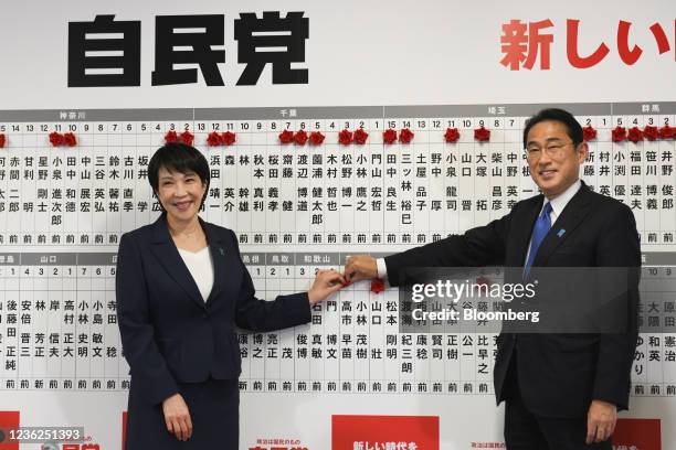 Fumio Kishida, Japan's prime minister and president of the Liberal Democratic Party and Sanae Takaichi, policy chief of the Liberal Democratic Party...