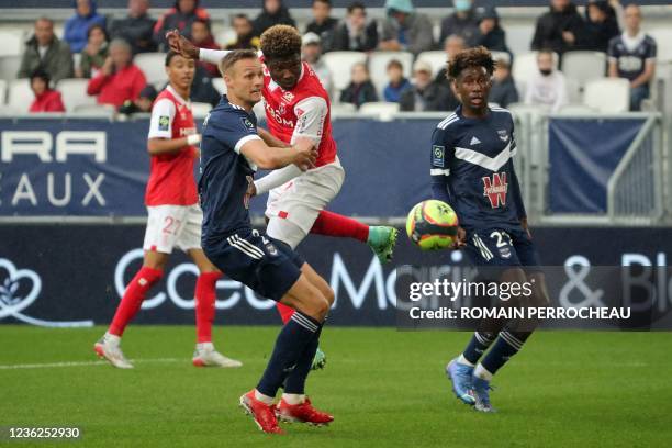 Reims' Malian forward El Bilal Toure fights for the ball during the French L1 football match between FC Girondins de Bordeaux and Stade de Reims at...