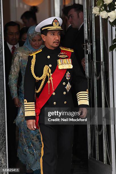Majesty Tuanku Mizan Zainal Abidin departs Claridge's hotel to attend the wedding of Prince William and Miss Catherine Middleton on April 29, 2011 in...