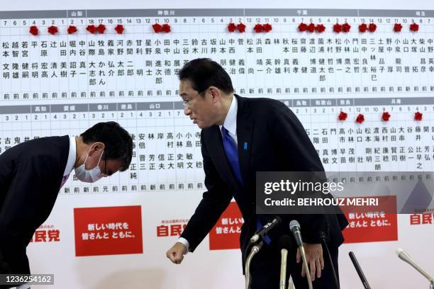 Japan's former foreign minister and senior member of the Liberal Democratic Party Taro Kono bows to Prime Minister and party leader Fumio Kishida at...
