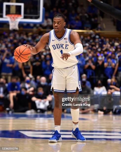 Trevor Keels of the Duke Blue Devils signals a teammate during their game against the Winston-Salem State Rams at Cameron Indoor Stadium on October...