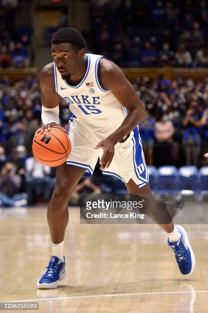 Mark Williams of the Duke Blue Devils moves the ball against the Winston-Salem State Rams at Cameron Indoor Stadium on October 30, 2021 in Durham,...