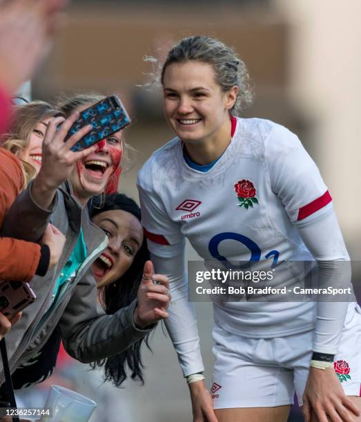 England's Ellie Kildunne has a photo with fans during the Red Roses 2021 Autumn Internationals match between England Women and New Zealand Women at...